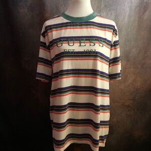 GUESS White Striped Short Sleeve Tee with Green Collar